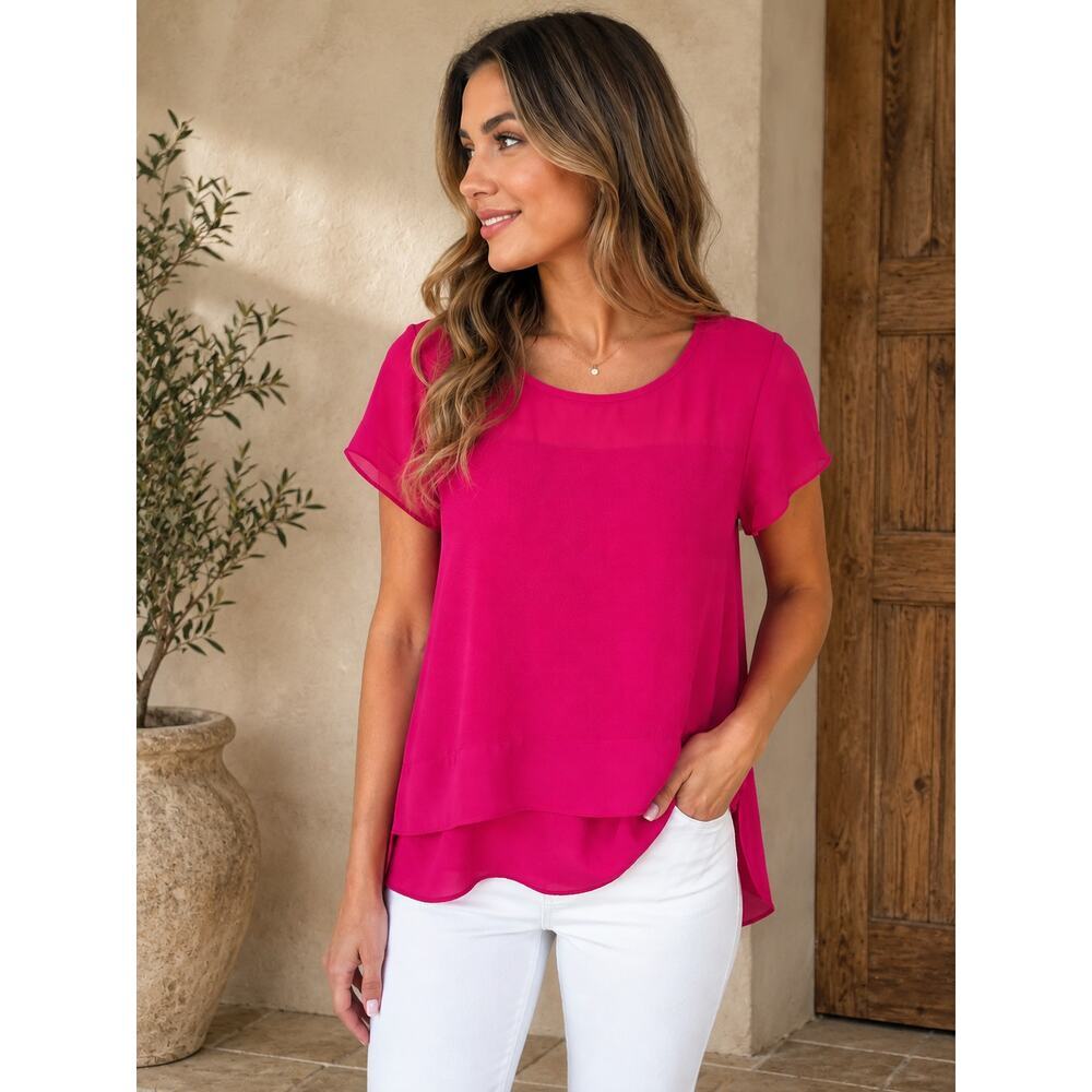 Hot Pink Chiffon Blouse Medium Layered Short Sleeve Career Top